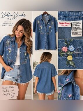 Bobbie Brooks Blue Embroidered Short-Sleeve Denim Shirt Jacket